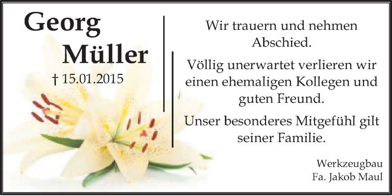  Traueranzeige für Georg Müller vom 20.01.2015 aus Odenwälder Echo